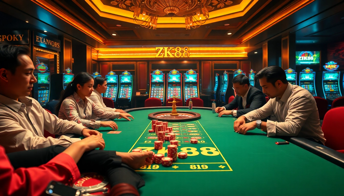 Engaging scene of ZK88 online casino with players enjoying poker and vibrant slot machines.
