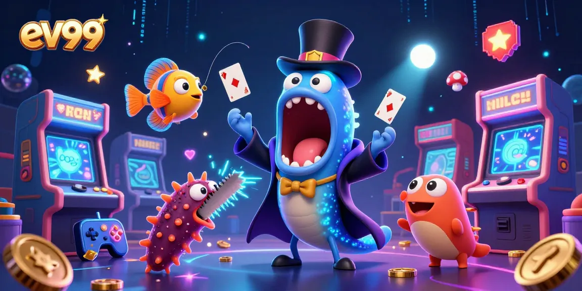 ev99 showcases a magical casino scene featuring playful deep-sea creatures performing card tricks amid glowing game machines.