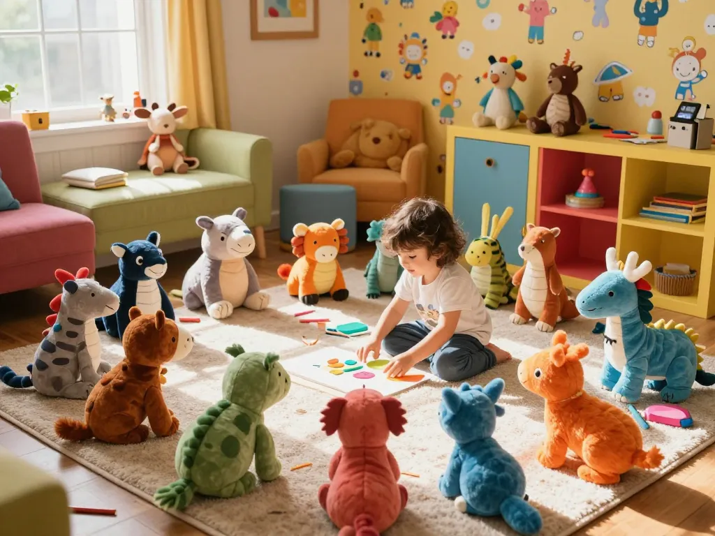 Child playing with colorful custom plushies in a bright, inviting room.