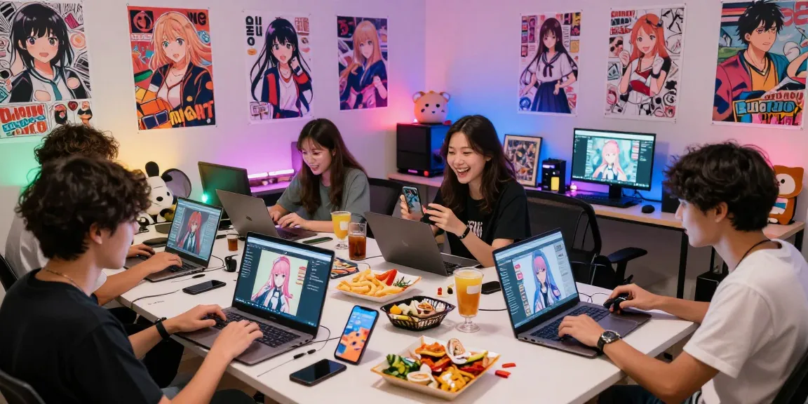 Engaged friends chatting with AI characters in colorful anime-inspired room, exploring free ai ecchi chat.