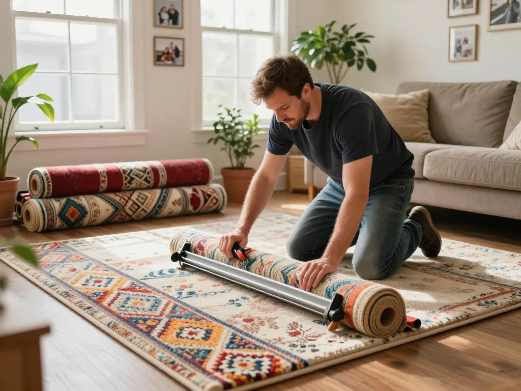 Expert professional carpet fitters near me installing vibrant, plush carpet in a cozy living room.