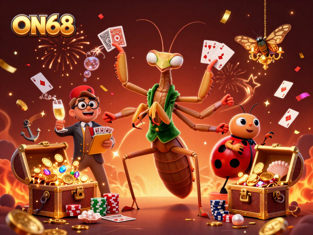 ON68 engages players with dynamic gambling, showcasing a vibrant 3D casino scene filled with excitement.