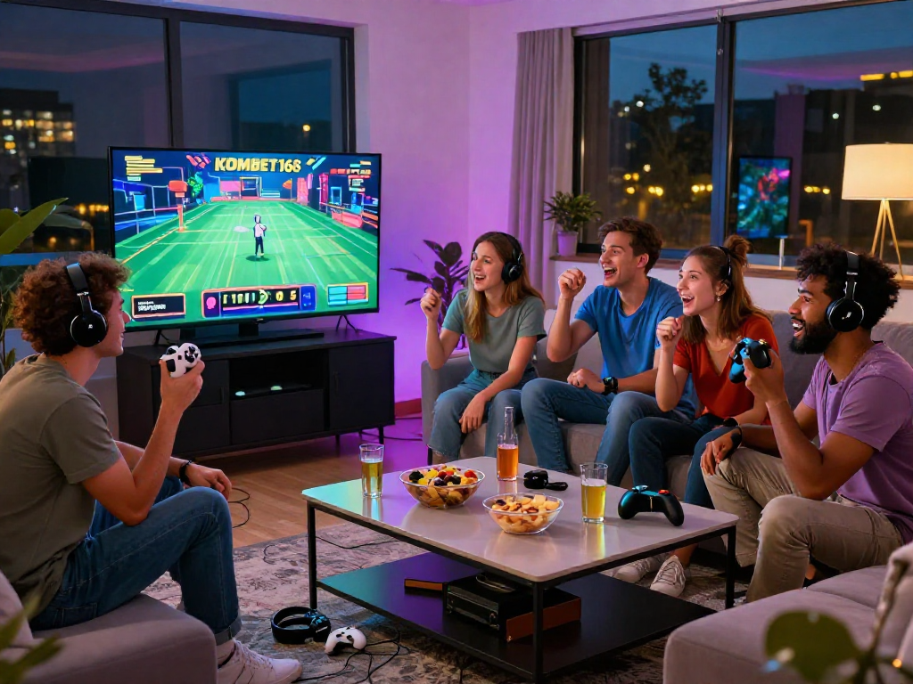 KOMBET168 online betting game session with friends, vibrant living room atmosphere.