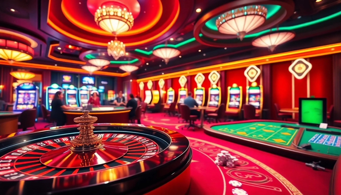 Exciting casino gaming scene showcasing players at 888VND COM with roulette wheel and slot machines.