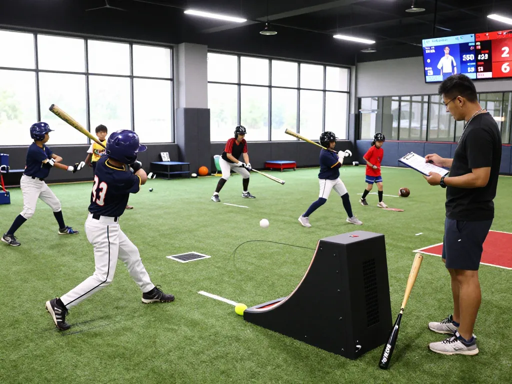 Young athletes in a vibrant hitclub training facility practicing batting with advanced equipment and coaching.