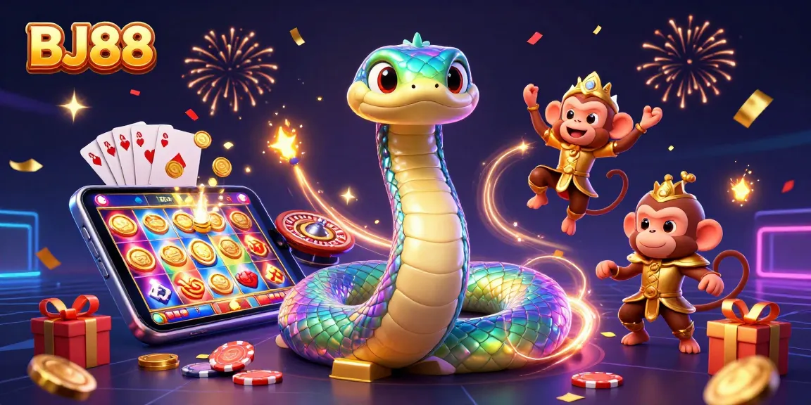 BJ88 brand illustration featuring a colorful casino scene with a mythical serpent and lively gaming elements.