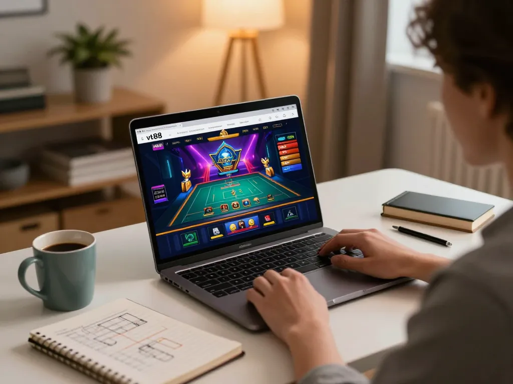 Engaging with vt88 homepage while playing online casino games at home, showcasing a relaxed gaming atmosphere.