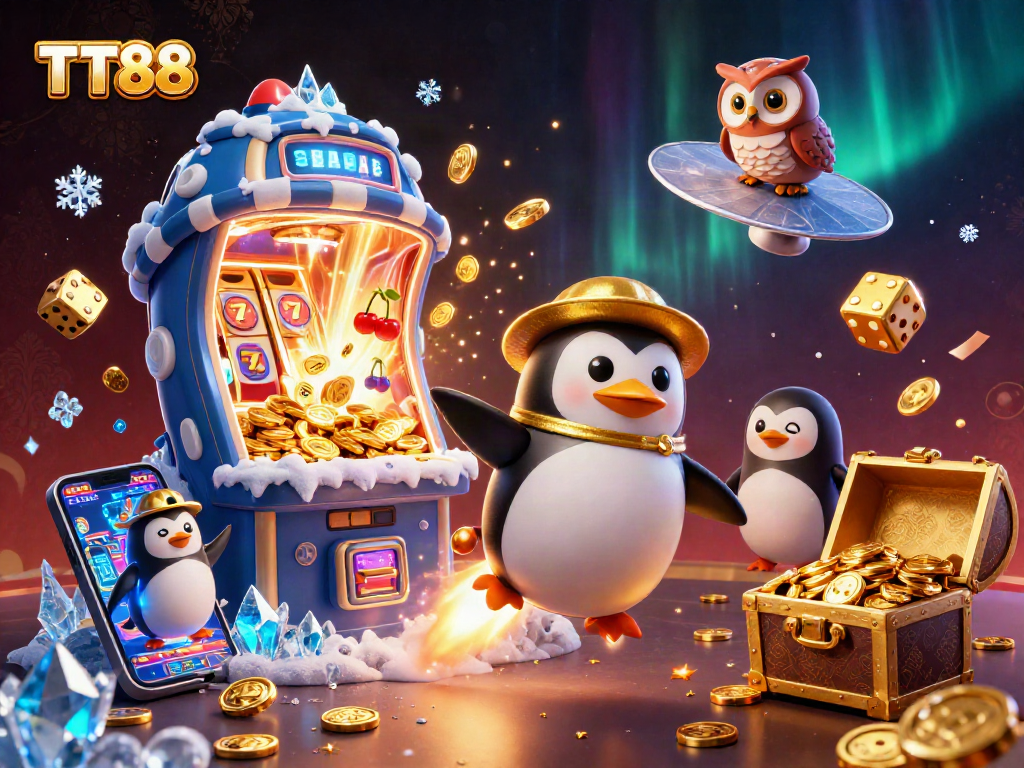 Experience TT88 thrills with a golden penguin, jackpot slot machine, and cosmic casino excitement.