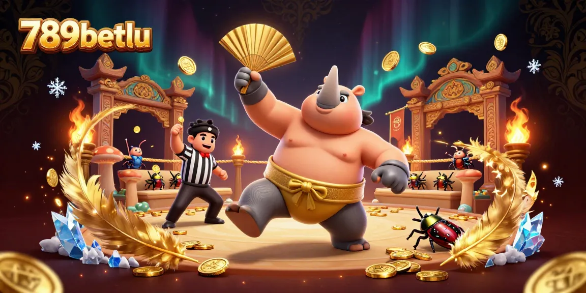 Engaging a thrilling match at 789betlu with a sumo beetle champion amidst golden coins and jubilant spectators.