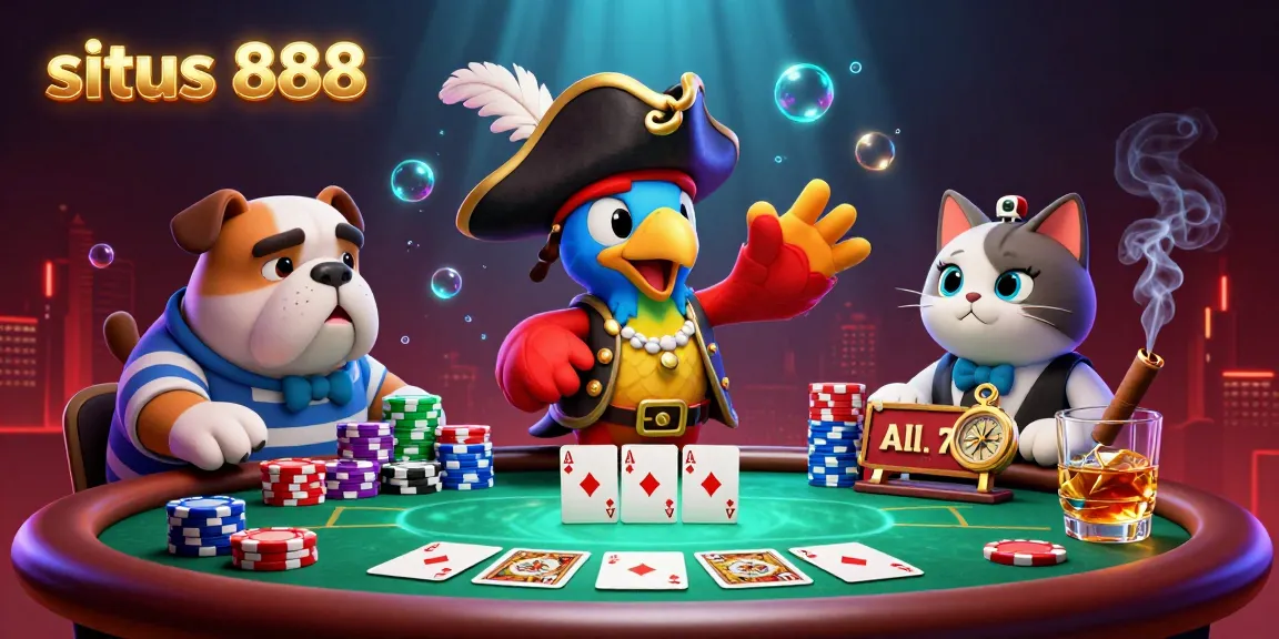 Spark excitement in situs 888 slots with a vibrant casino scene featuring poker elements and a lively atmosphere.