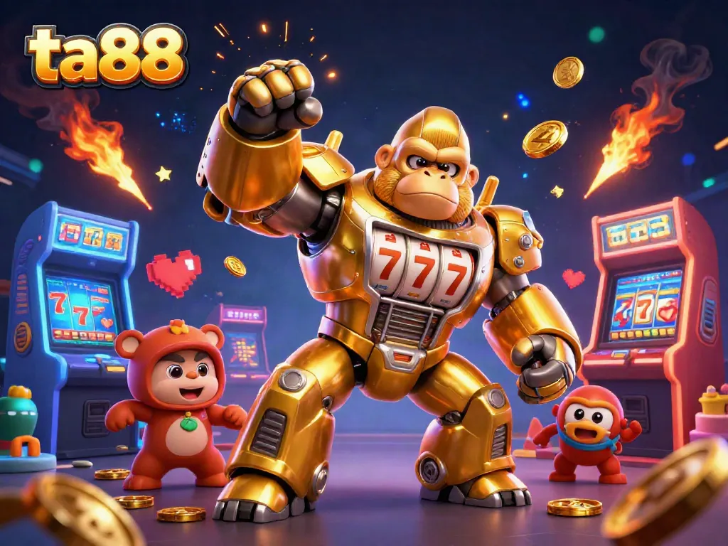 Experience thrilling wins at ta88 with a vibrant 3D casino illustration featuring a golden gorilla mech.