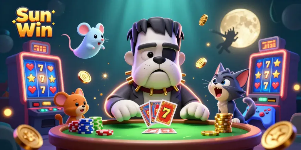Experience Sun Win while playing cards at a spooky table illuminated with vibrant casino elements.