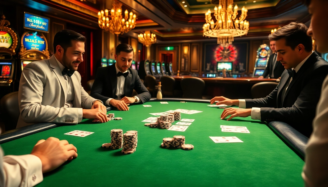Players engage in a high-stakes B52 poker game filled with excitement and luxury, showcasing vibrant casino elements.