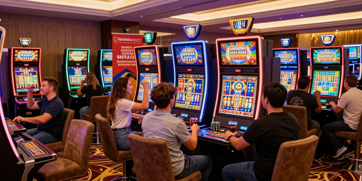 Players enjoying a lively atmosphere at a credit card casino from https://mhfe.org.uk showcasing vibrant gaming terminals and celebratory moments.