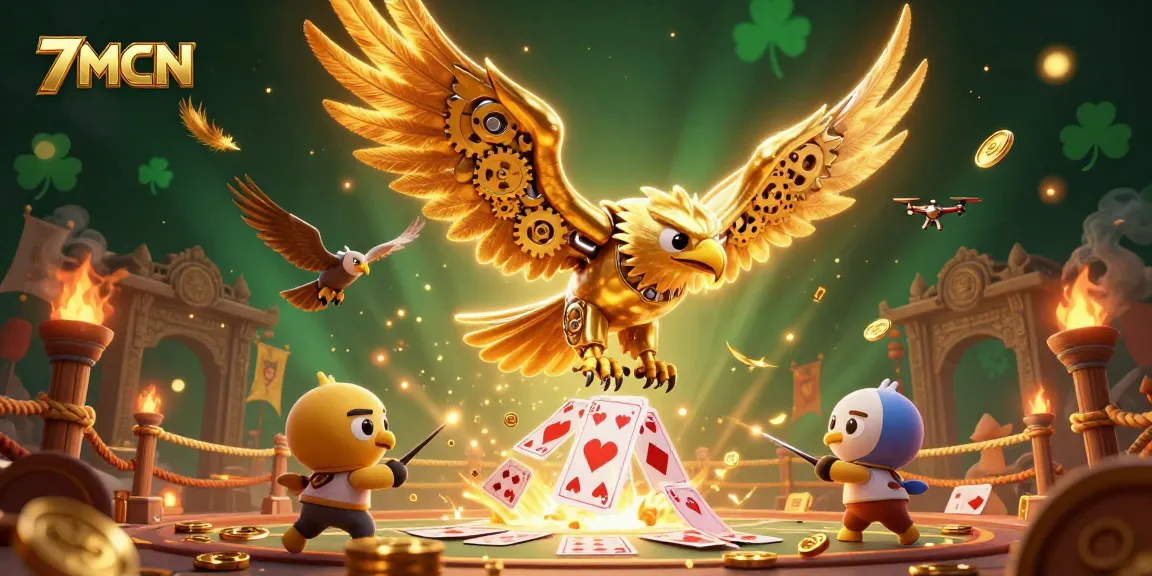 7MCN showcases a dynamic scene with a cybernetic eagle, playing cards, and gold coins in a vivid casino atmosphere.