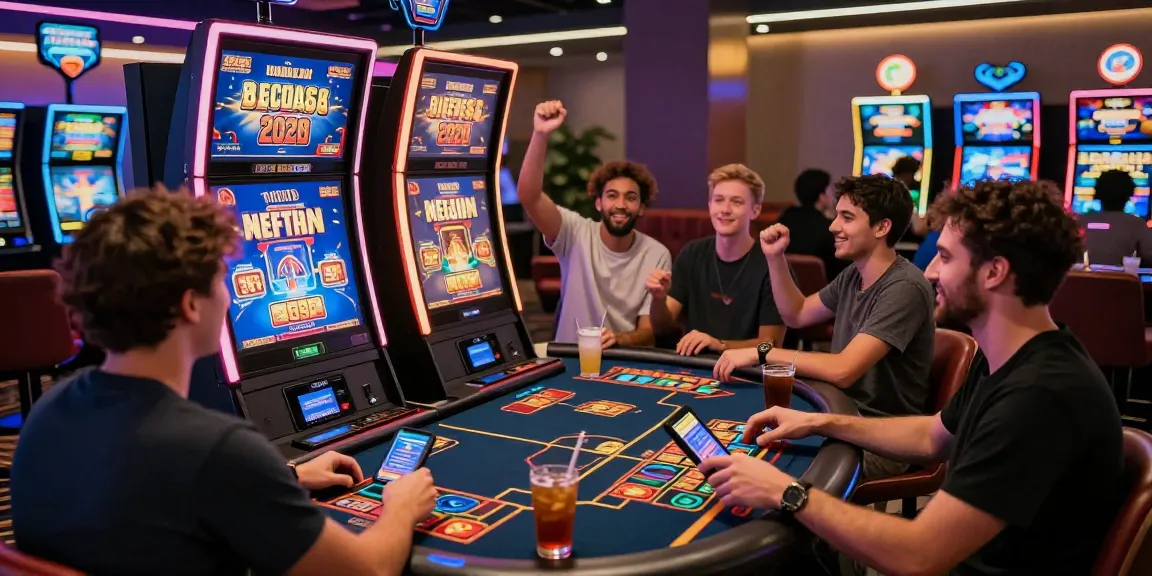 Group enjoying a vibrant gaming experience at new online casinos UK with digital slot machines and live games.