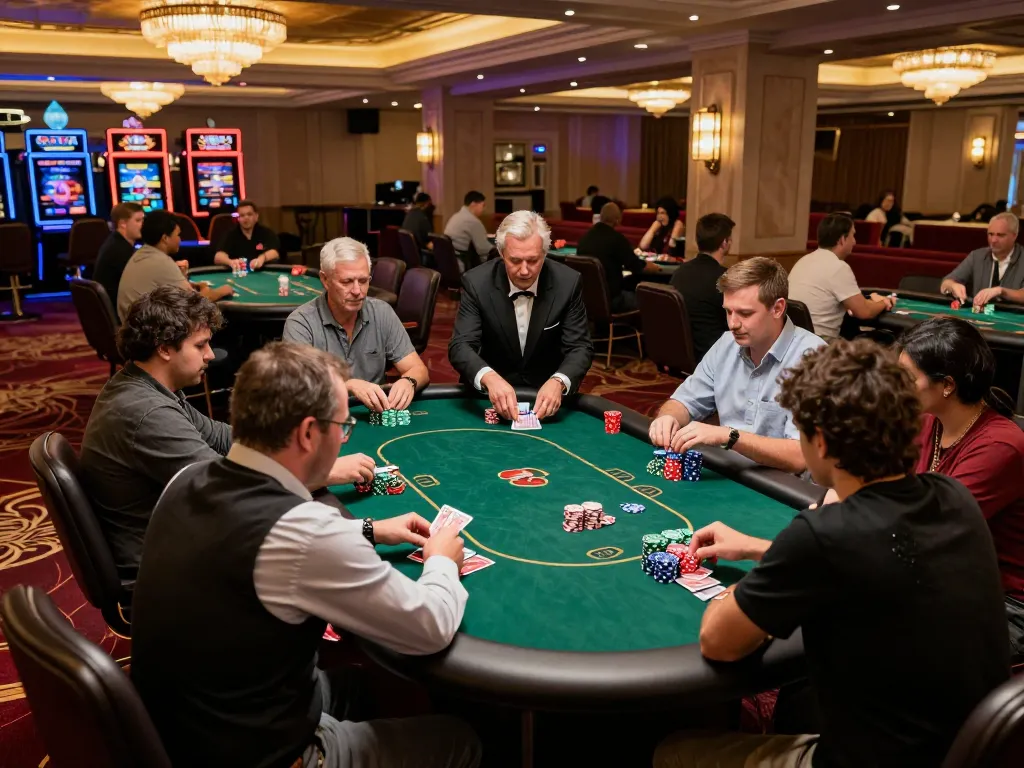 Players strategizing during a high-stakes poker game at 7m casino.