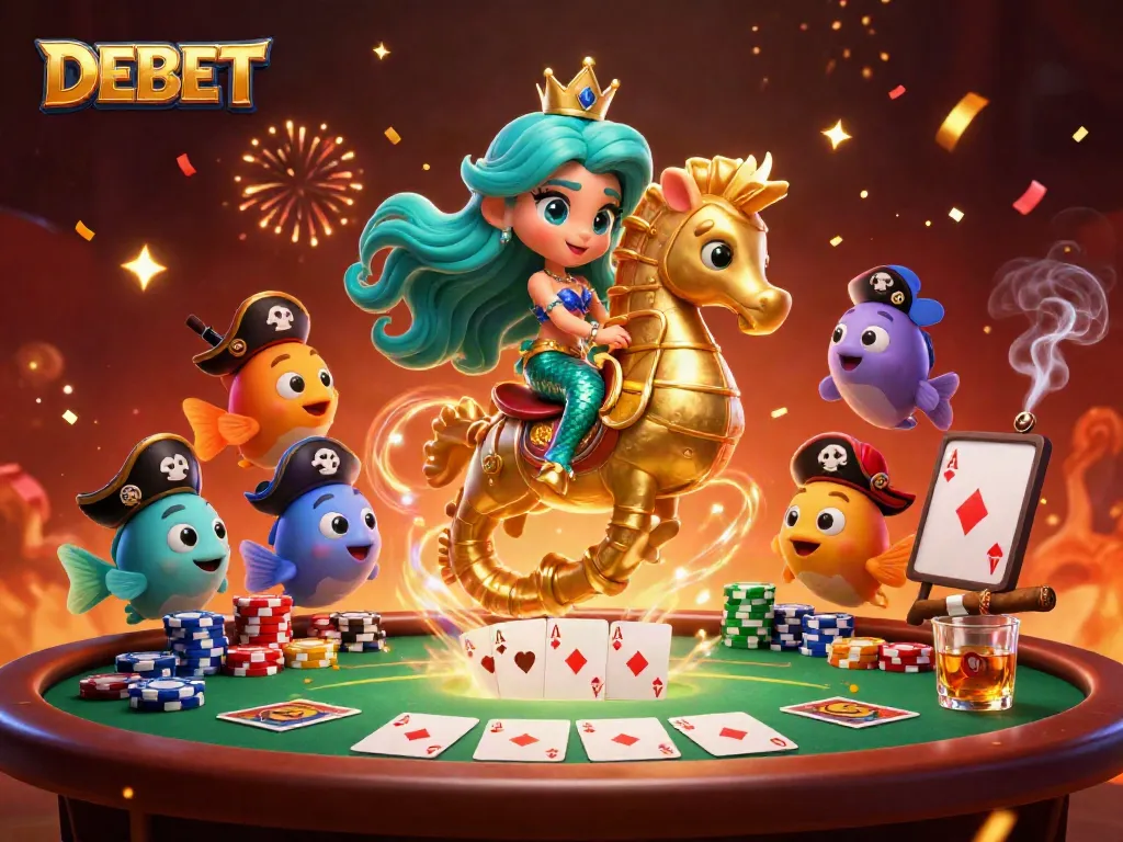 Experience thrilling betting action with DEBET's vibrant casino-themed illustration featuring a mermaid and poker elements.