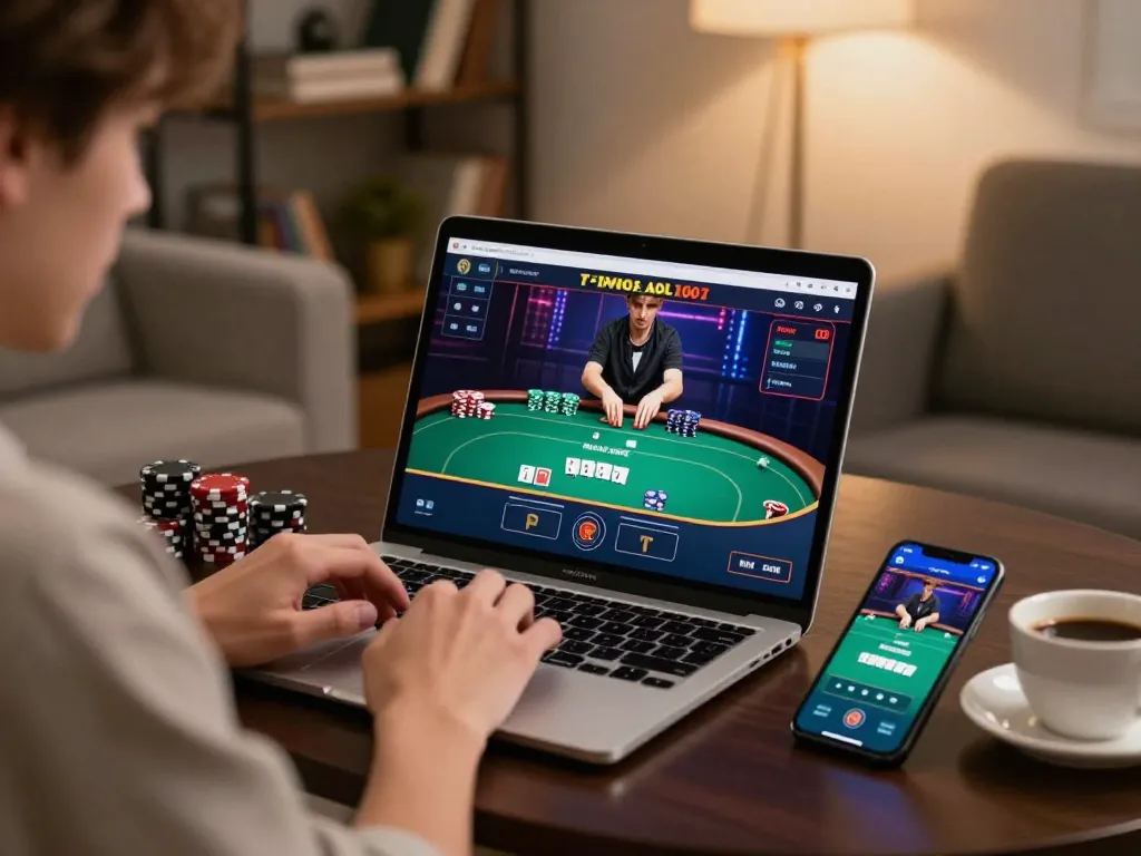 Engaging in a poker game on 777x, showcasing a stylish online gaming setup with laptop and smartphone.