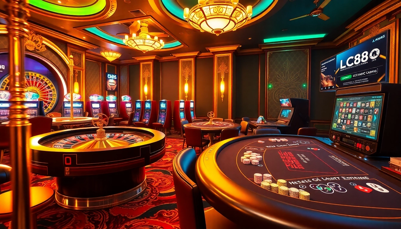 A thrilling casino scene depicting LC88's diverse gaming experience with roulette, poker tables, and vibrant slot machines.