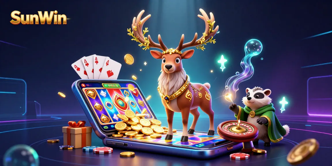 Engage in thrilling gameplay at SunWin with a vibrant casino scene featuring dynamic slot games and characters.