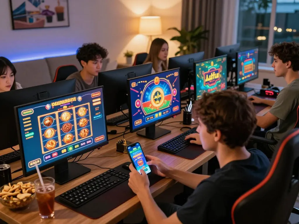 Players enjoying EE88's diverse gaming platform in a lively home setting.