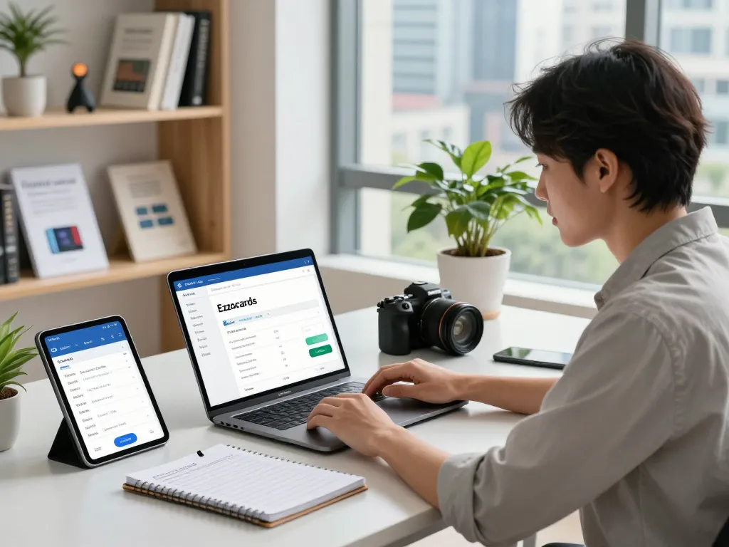 Ezzocards digital payment workspace with laptop, smartphone, and financial planning tools.