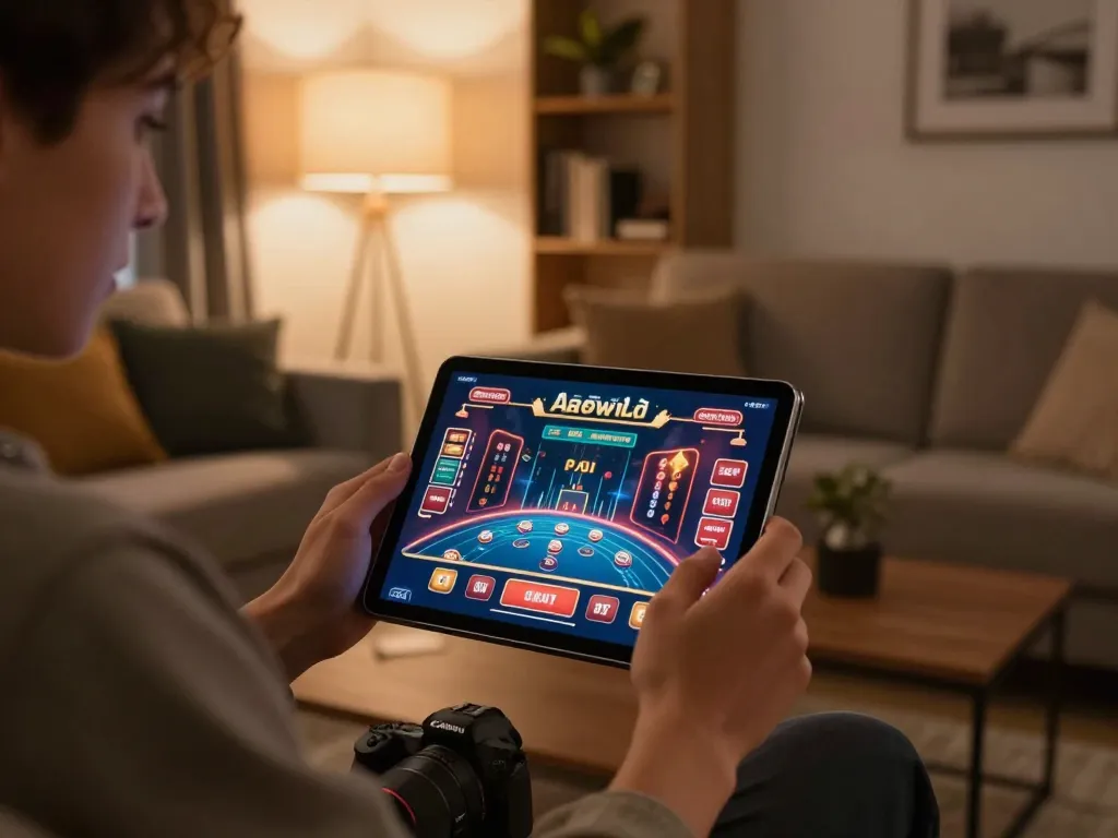 Engaged player at https://f168.tech/ enjoying online casino gaming on a tablet in a cozy home atmosphere.