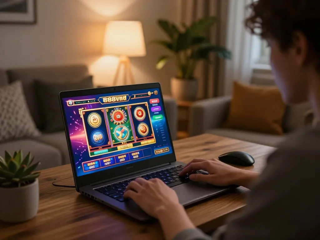 Engaging in online gaming with 888vnd, showcasing vibrant casino interface and comfortable home atmosphere