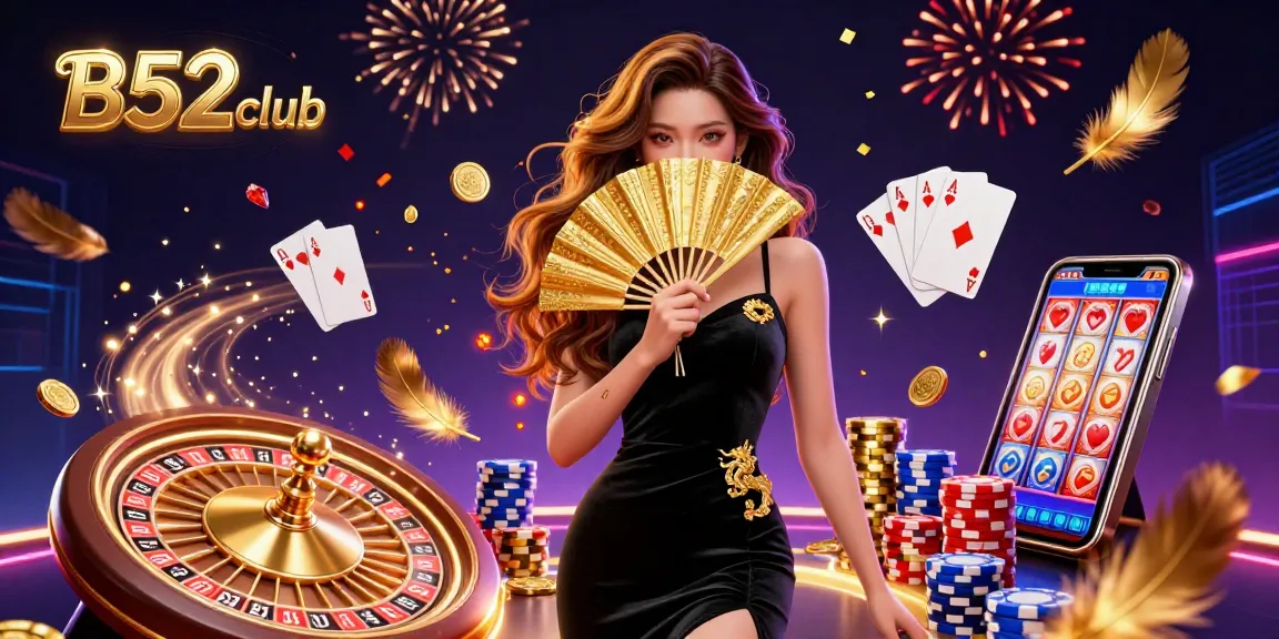 B52club features an elegant Asian woman amid golden coins and dynamic casino elements, showcasing thrilling gaming action.