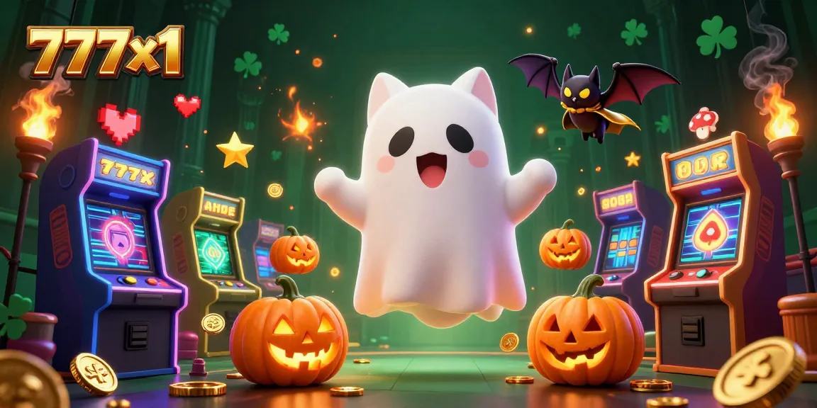 Experience thrilling gambling action at 777x1 with floating ghost cat and glowing game elements.
