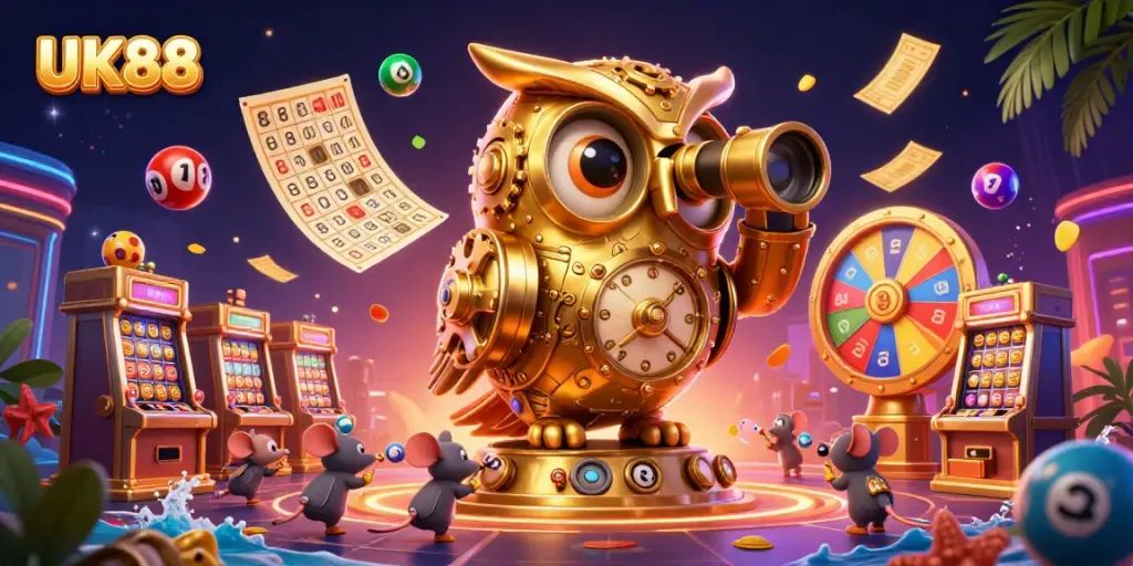 Experience the thrill of UK88 with vibrant casino elements and a whimsical scene.