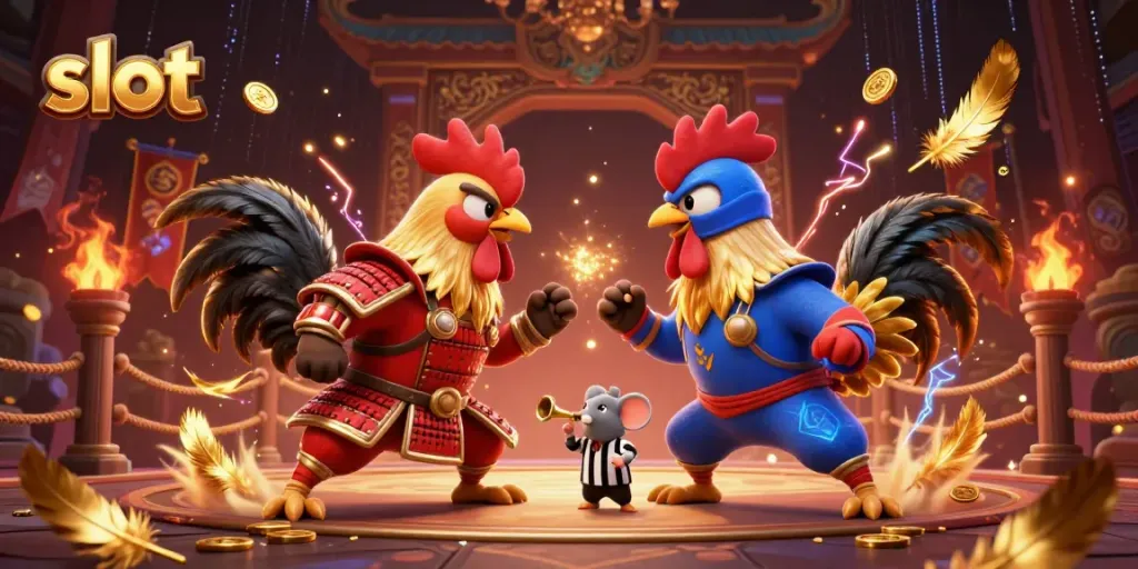Experience the excitement of a slot battle with samurai rooster and ninja rooster in action.