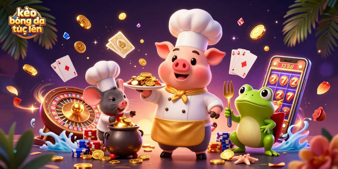 Engage with kèo bóng đá trực tuyến in this vibrant gaming scene featuring a pig chef serving gold coins and a mouse sous-chef.