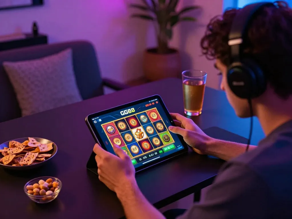 Player engaging with GG88 slot Link on tablet in a cozy home setting, showcasing online gambling excitement.
