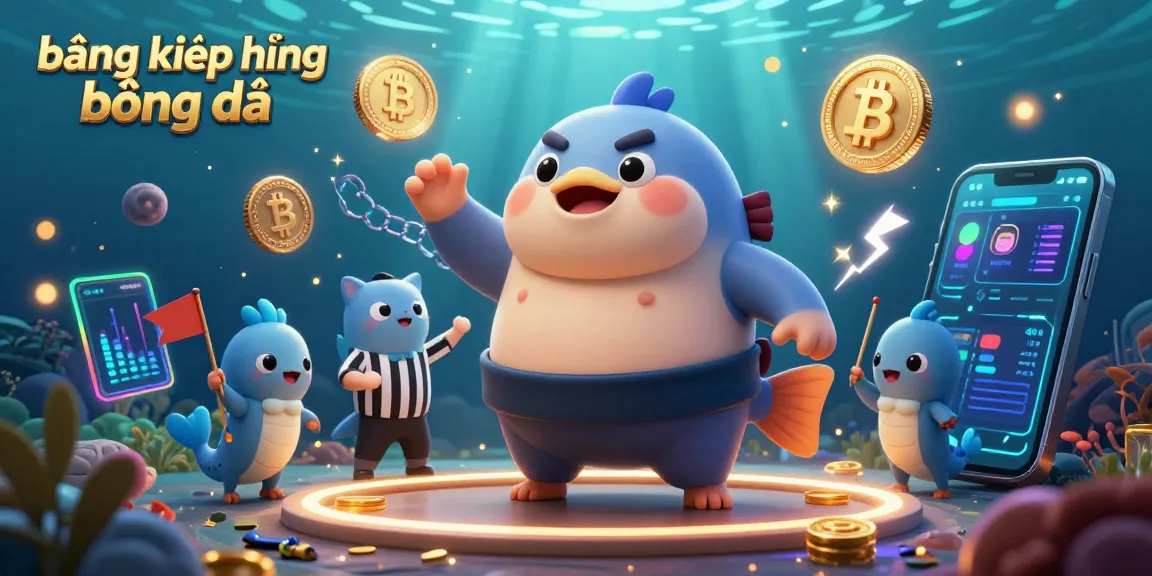 Bảng xếp hạng bóng đá view with 3D fugu, crypto coins, and vibrant underwater action.