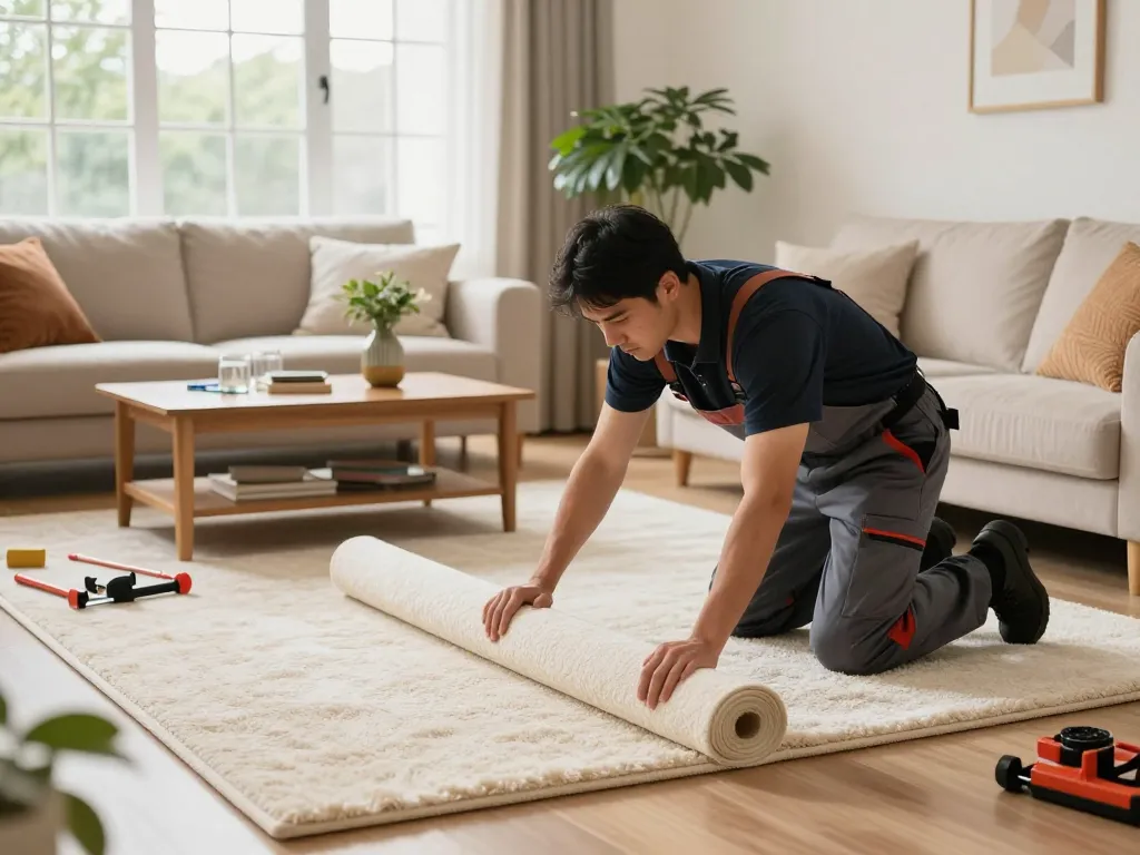 Home carpet fitting services showcasing a professional installer in a bright living room.