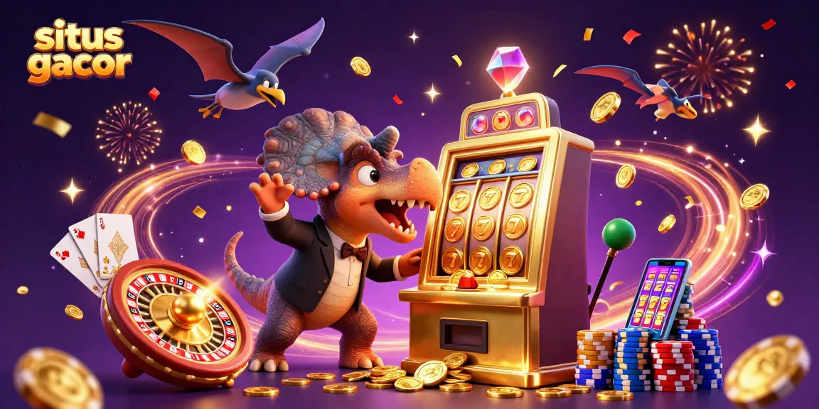 Situs gacor offers thrilling slots with jackpot coins flying amidst animated dinasours.