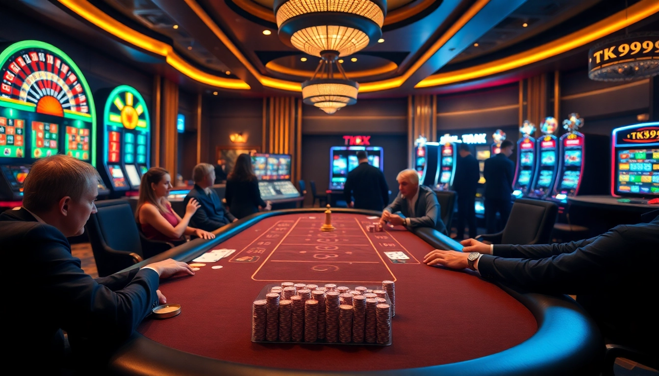 Players betting strategically at a TK999 casino table filled with vibrant poker chips and roulette wheels.