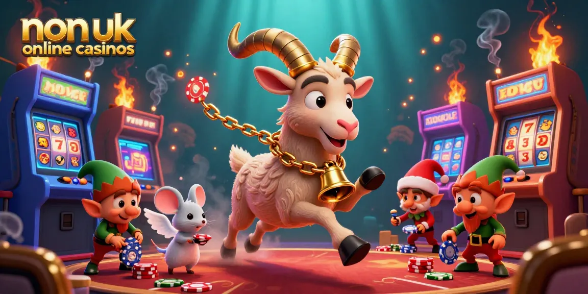 Engaging scene of non uk online casinos with Krampus goat, angel mouse, and gremlins in action.