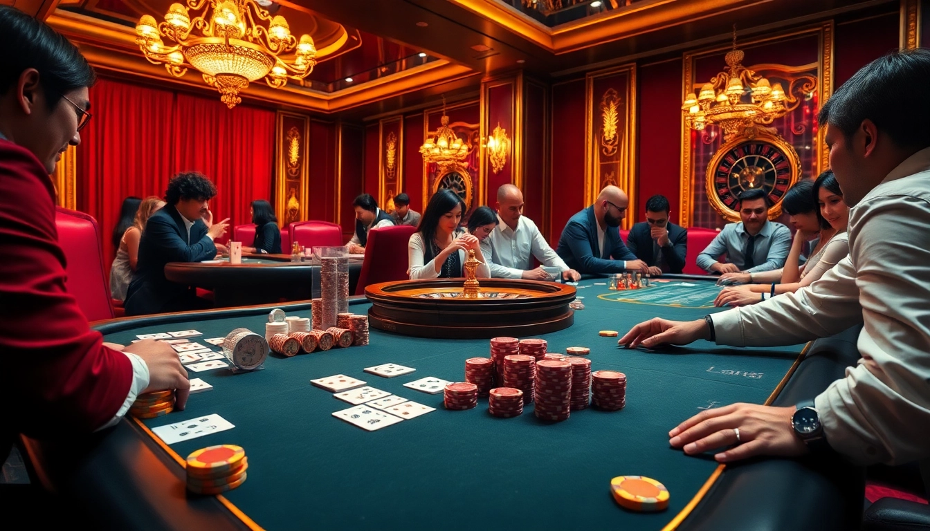 Experience professional gambling excitement at https://jbo.center/ with a vibrant casino scene featuring poker tables and roulette wheels.
