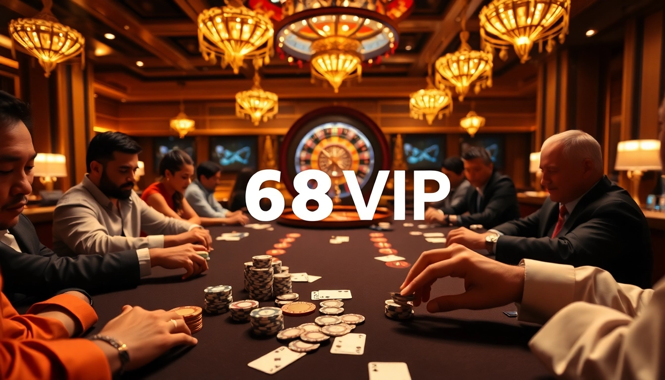 Experience the thrill of poker action at 68VIP casino with vibrant players and classic gambling elements.