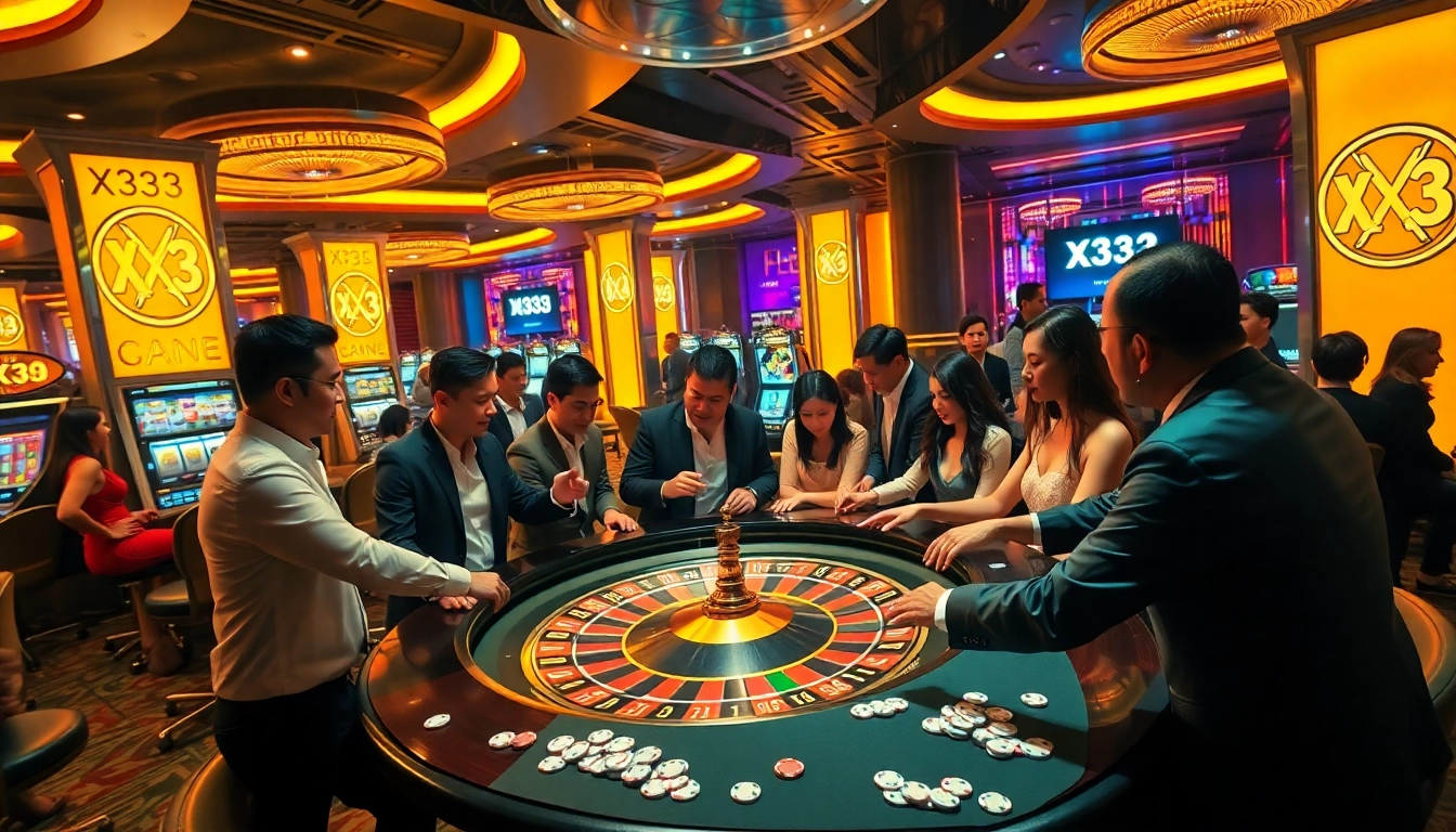 X333 gaming experience featuring excited players at roulette and slot machines.