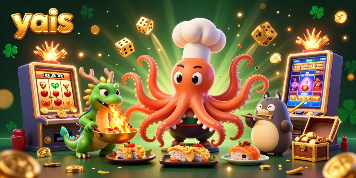 yais presents an exciting casino scene with a sushi chef octopus, lucky symbols, and vibrant game elements.