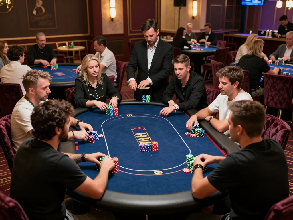 Players strategizing during a vibrant poker tournament at SHBET .COM casino, showcasing lively gameplay.