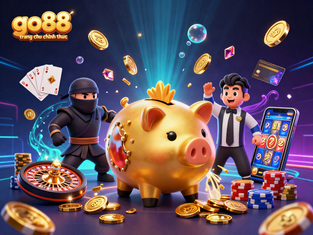 Experience go88 trang chu chinh thuc with dynamic golden piggy bank and vibrant casino elements.