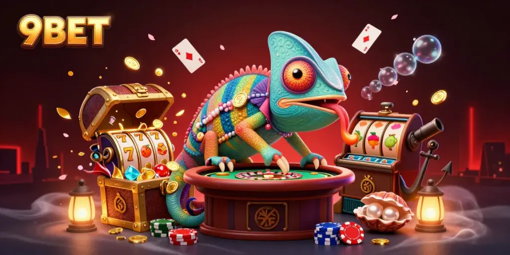Experience the vibrant action at 9BET with a colorful chameleon casino owner amidst gaming excitement.
