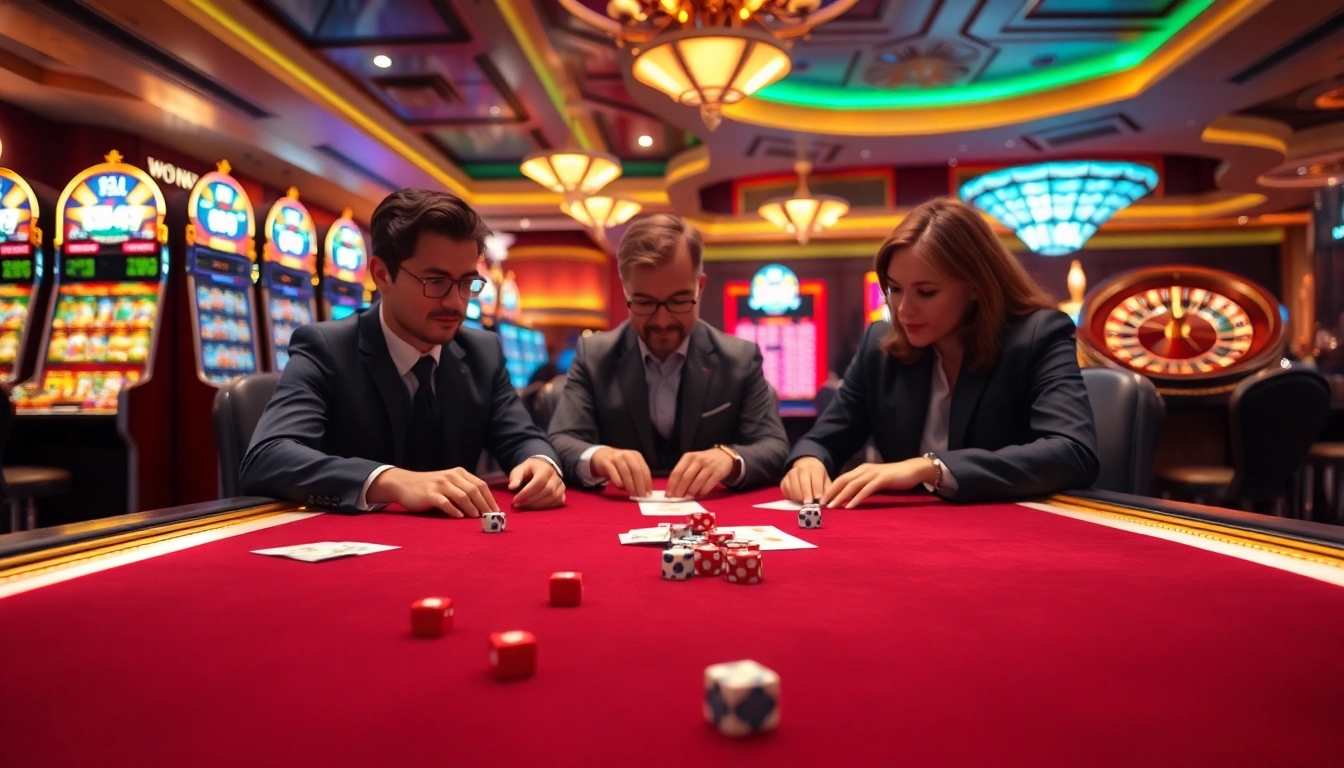 Exciting poker game at okfun.jpn.com with vibrant chips and bets amid a luxurious casino atmosphere.