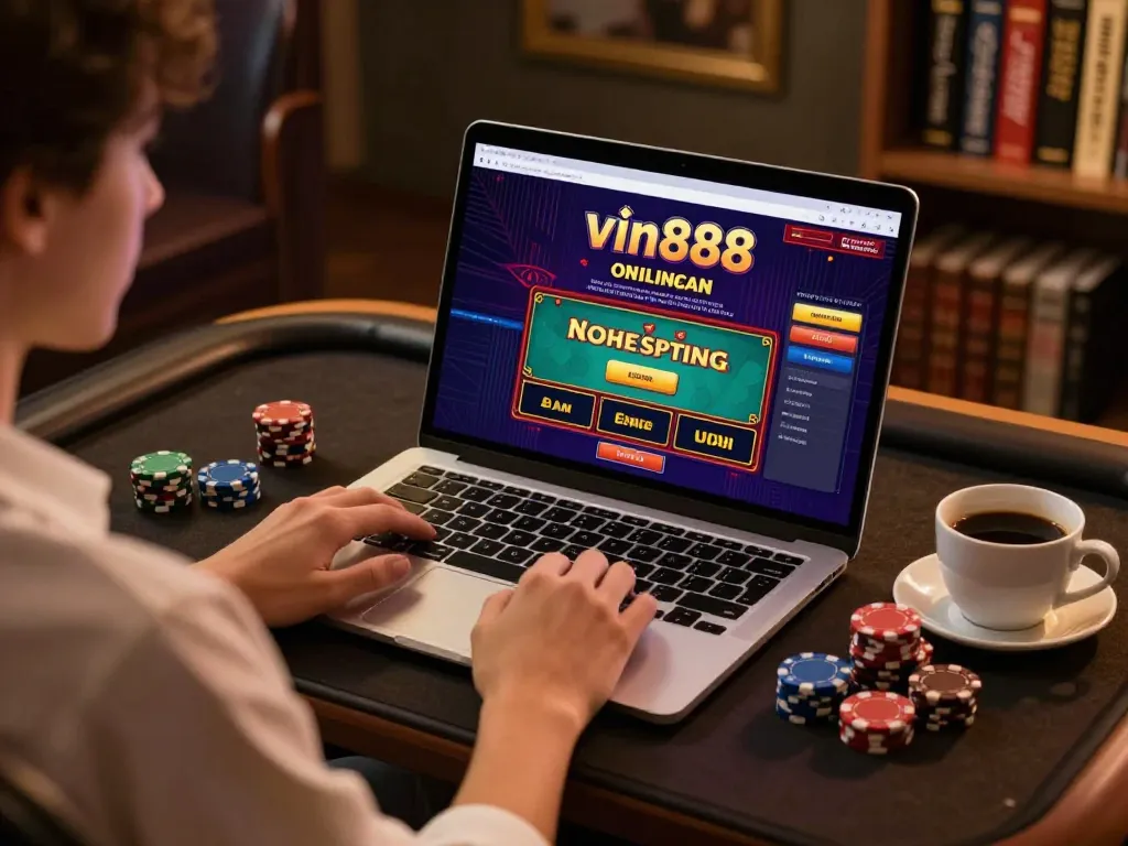 Engaging with vin888 online casino interface in a comfortable home setting.