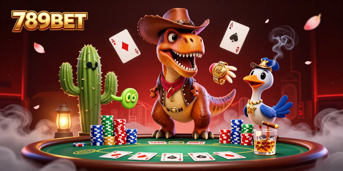 Engage in thrilling poker action with 789BET featuring a cowboy dinosaur and vibrant casino elements.